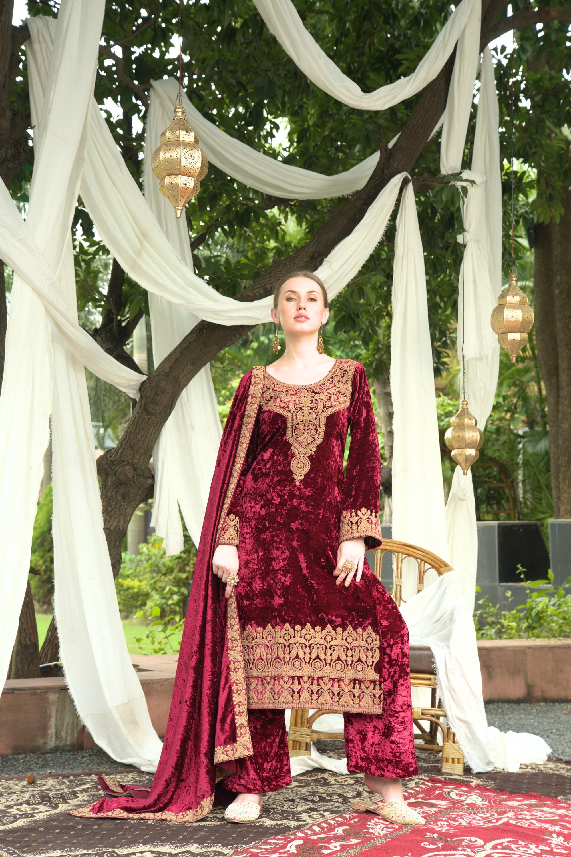 Maroon Designer Velvet Pakistani Suit Set