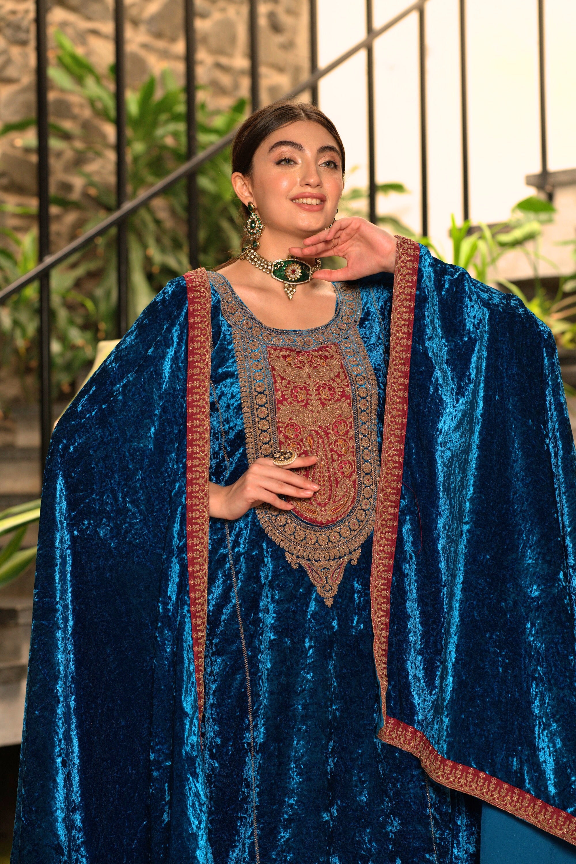 Blue Designer Velvet Pakistani Suit Set