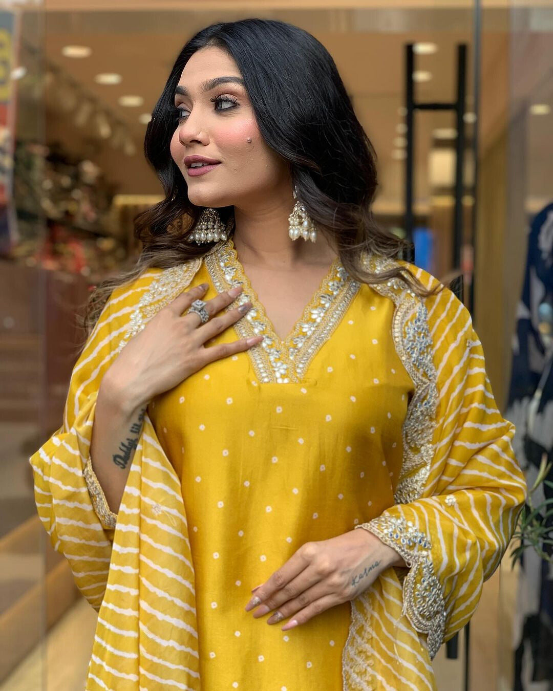 Yellow Embroidered Chinon Suit Set with Lehariya Dupatta