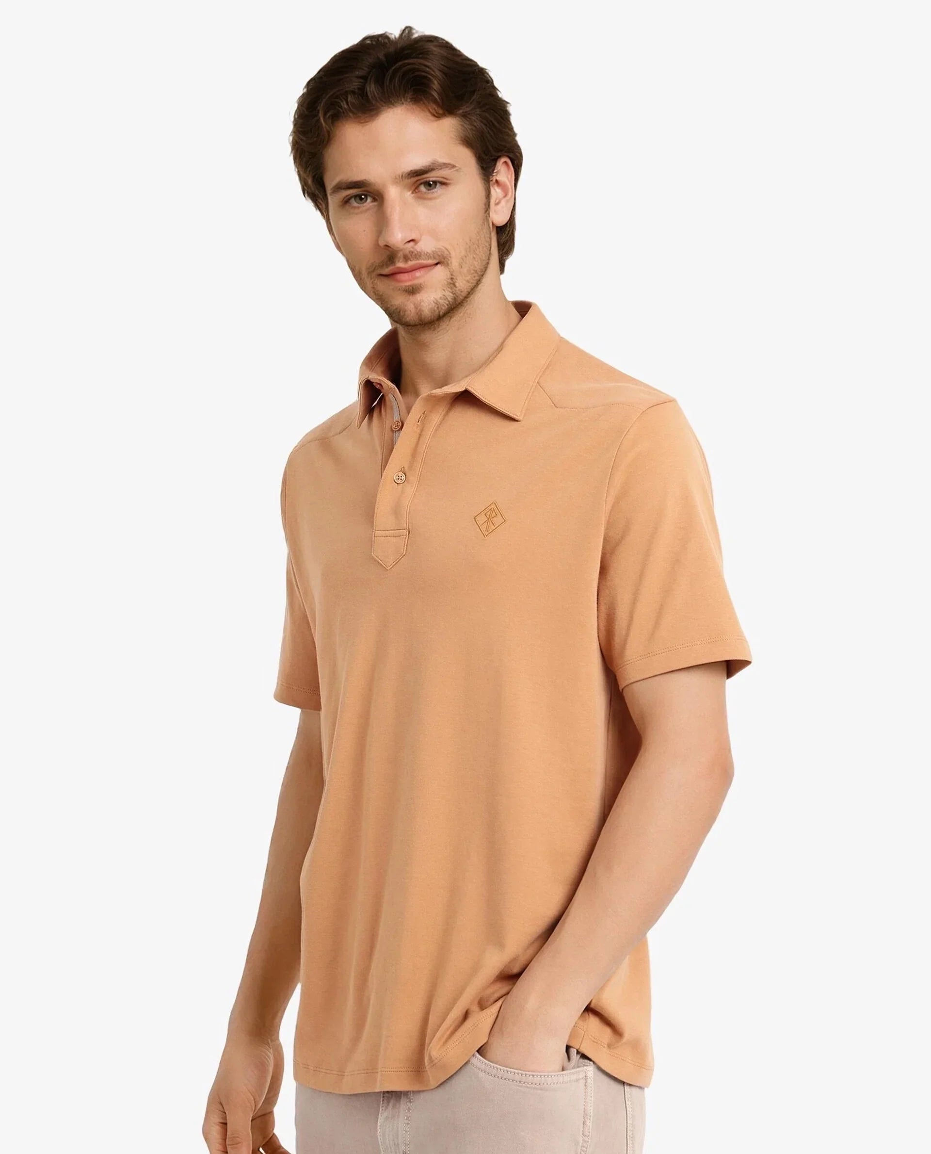 Rare Rabbit Men Calix Mustard Short Sleeve Collared Neck Plain Embroidered Logo Polo