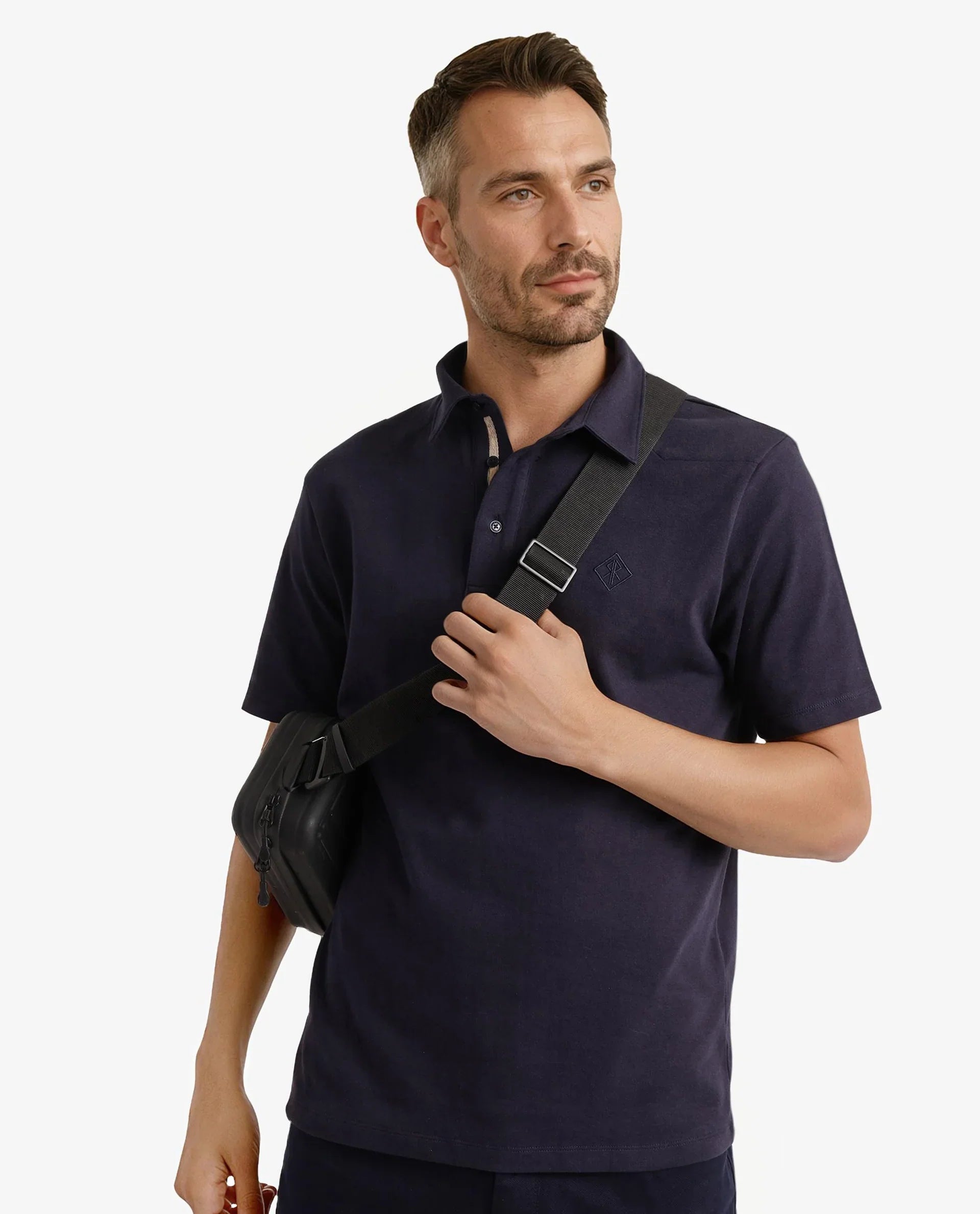 Rare Rabbit Men Calix Navy Short Sleeve Collared Neck Plain Embroidered Logo Polo