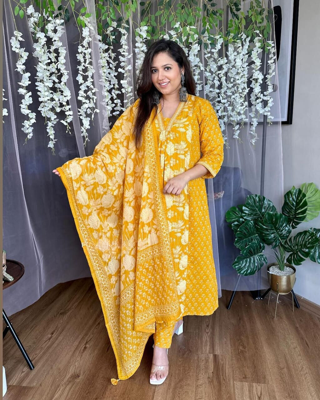 Yellow Floral Printed Cotton Kurta and Pant Set with Dupatta