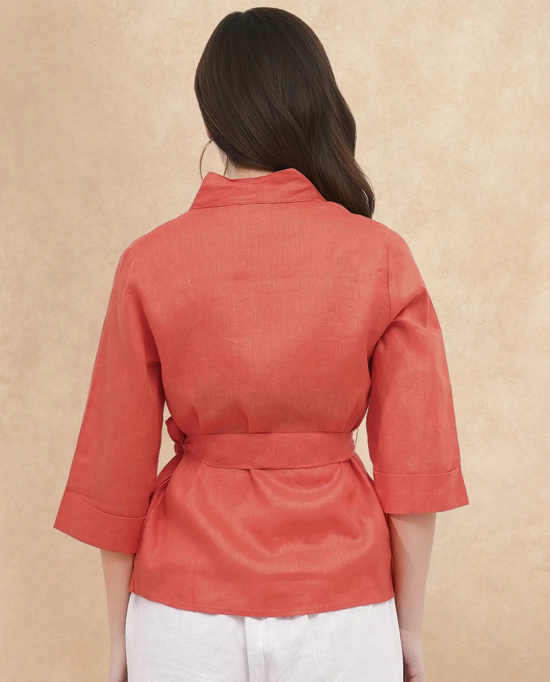 Rareism Women Costa-T Pastel Rust Cotton Linen Fabric Regular Sleeves Collared Neck Solid Regular Length Top