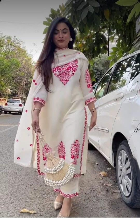 White Embroidered Cotton Kurta and Pant Set with Dupatta
