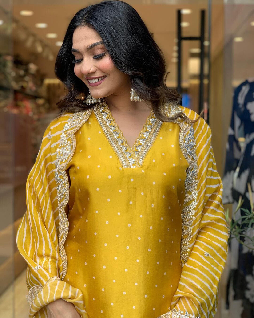 Yellow Embroidered Chinon Suit Set with Lehariya Dupatta