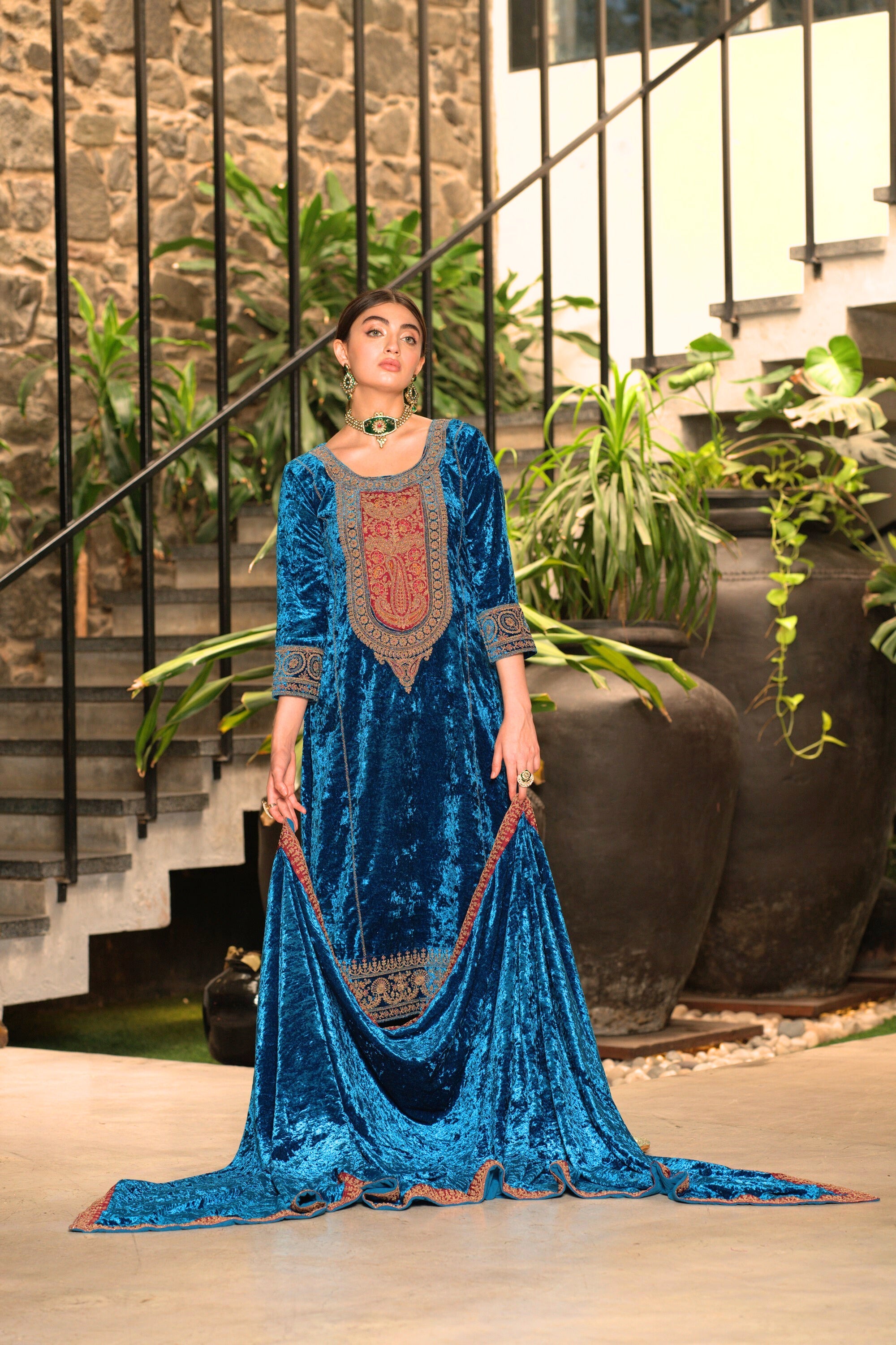Blue Designer Velvet Pakistani Suit Set