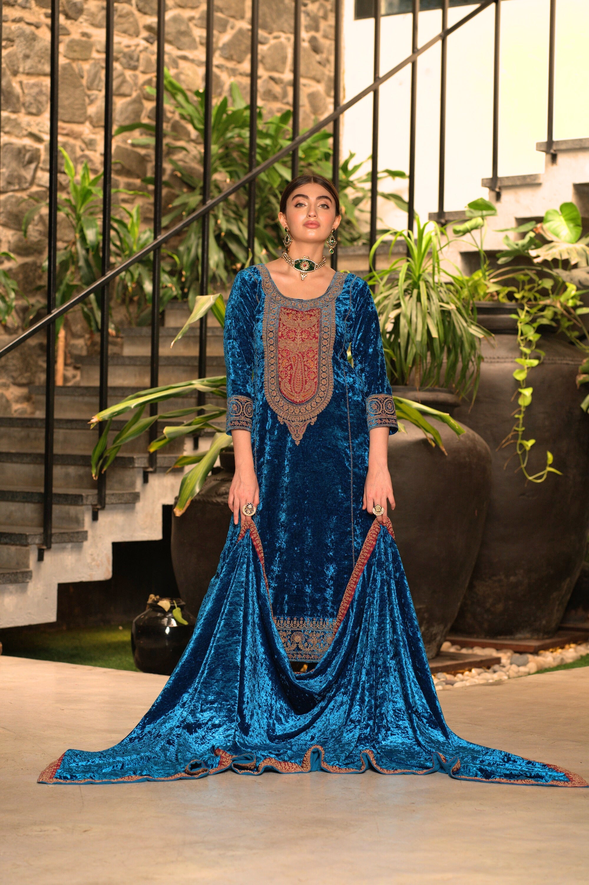 Blue Designer Velvet Pakistani Suit Set
