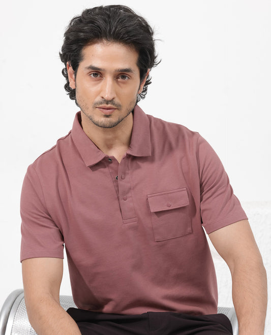 Rare Rabbit Mens Paxton Dusky pink Short Sleeve Snap Button Closure Solid Polo T-Shirt