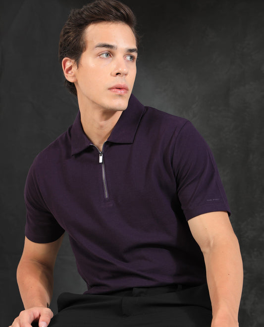 Rare Rabbit Men's Stel Maroon Cotton Fabric Collared Neck Zipper Closure Half Sleeves Flat Knit Polo T-Shirt