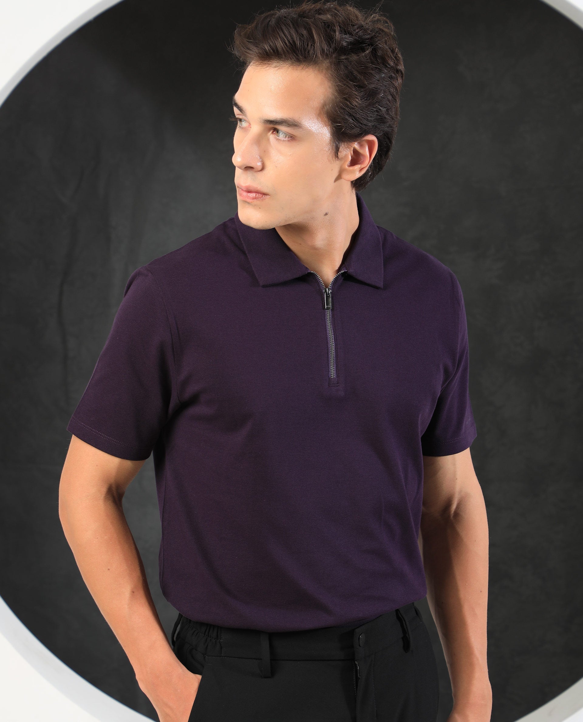 Rare Rabbit Men's Stel Maroon Cotton Fabric Collared Neck Zipper Closure Half Sleeves Flat Knit Polo T-Shirt