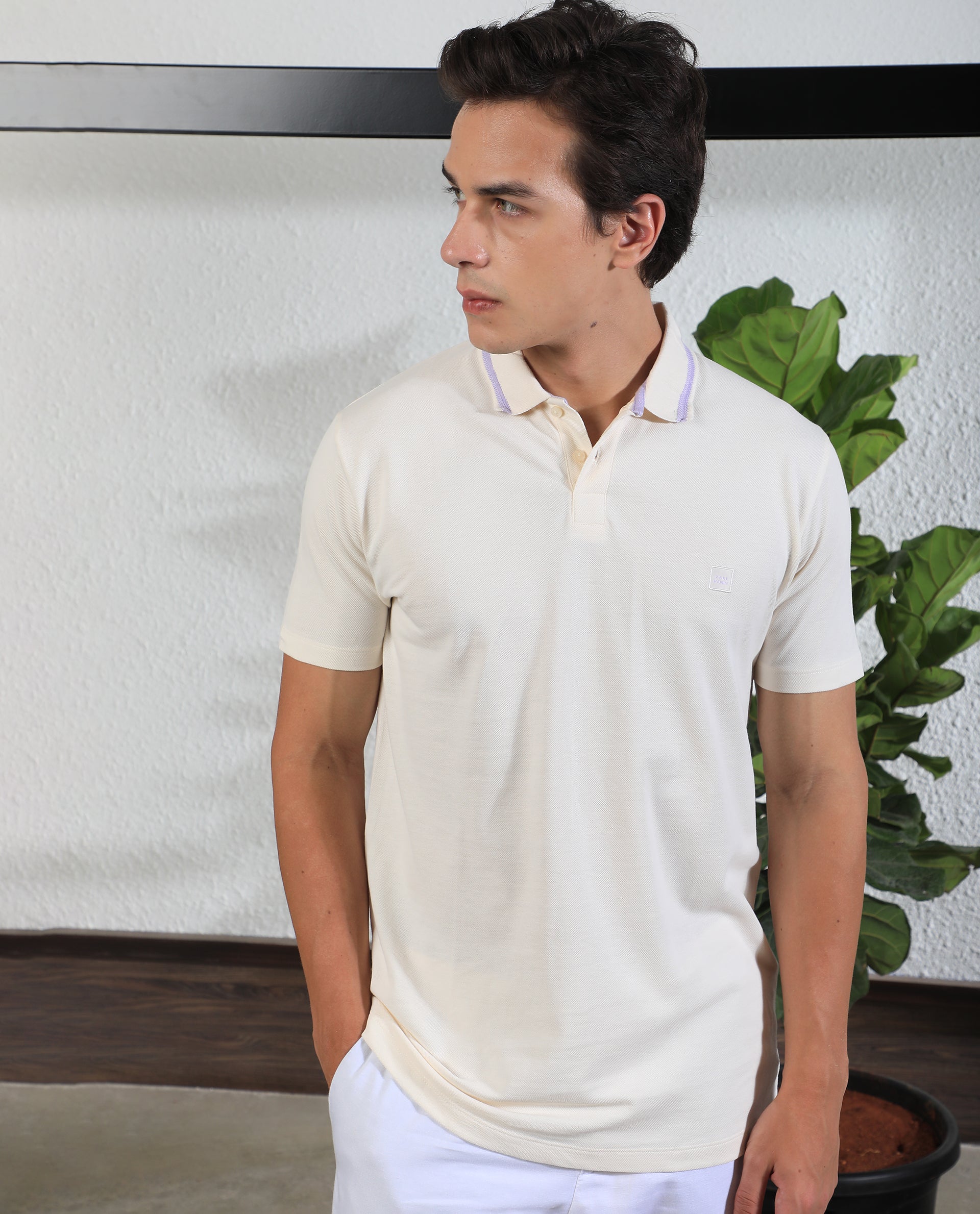 Rare Rabbit Men's Taper Off White Cotton Fabric Collared Neck Half Sleeves Textured Polo T-Shirt