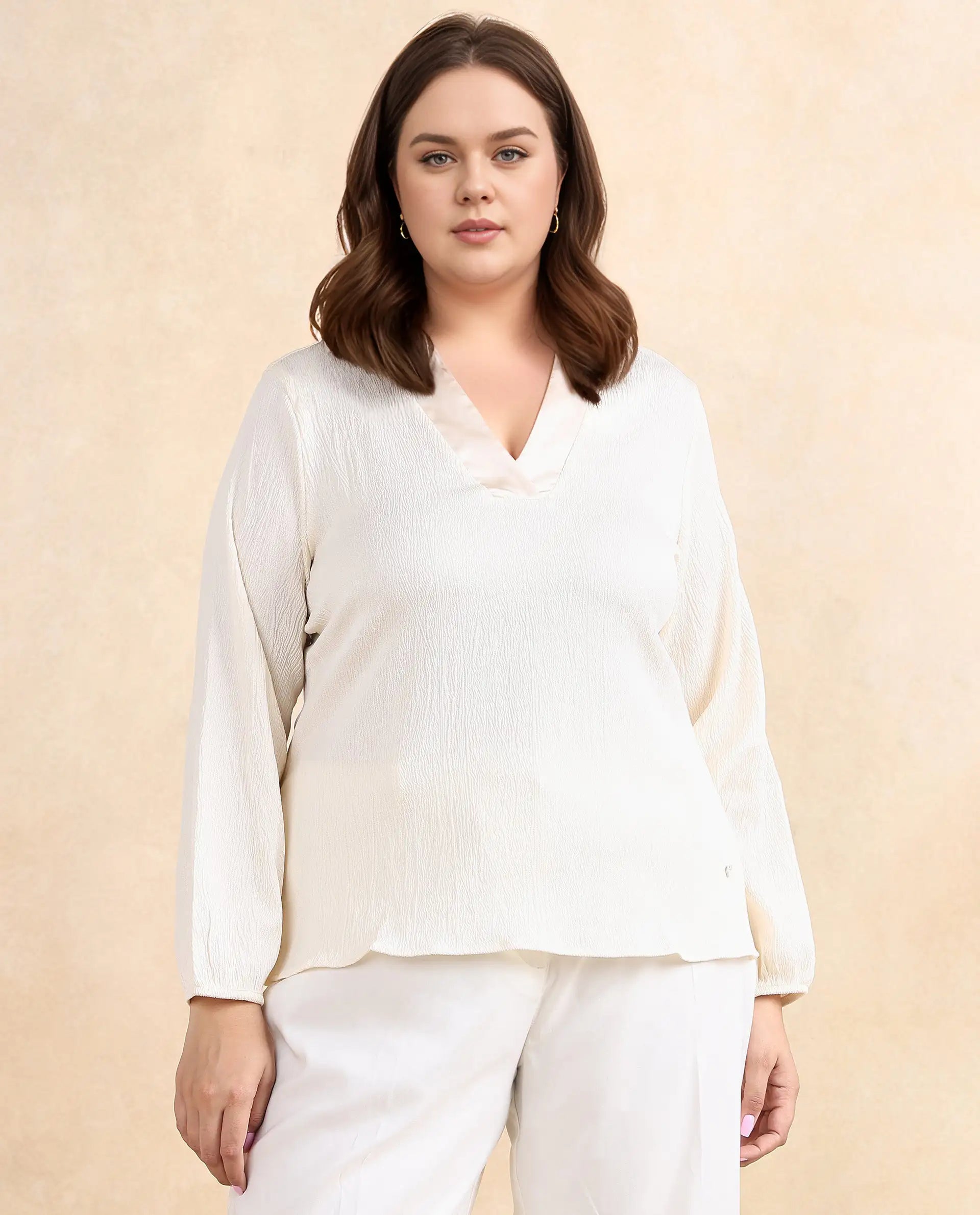 Rareism Women Boco Beige Full Sleeve V-Neck Regular Fit Plain Top