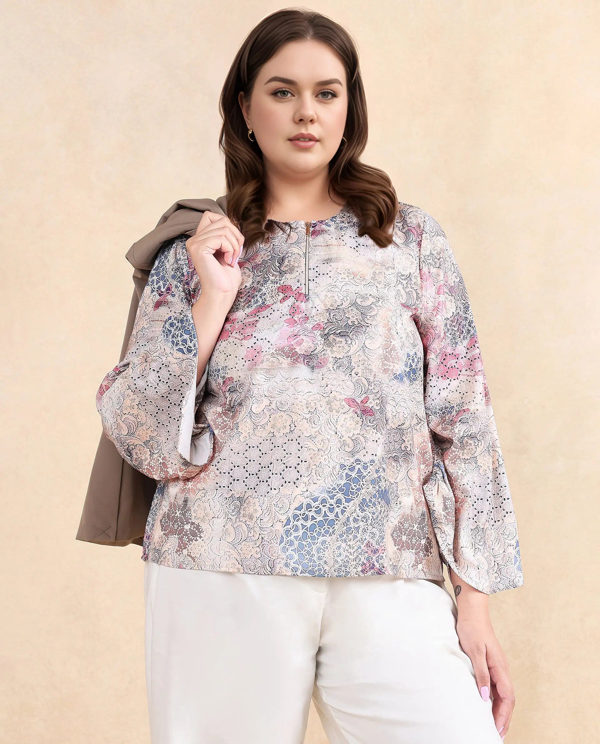 Rareism Women Ciko Light Multi Satin Volume Sleeve Round Neck Zipper Closure Abstract Print Top