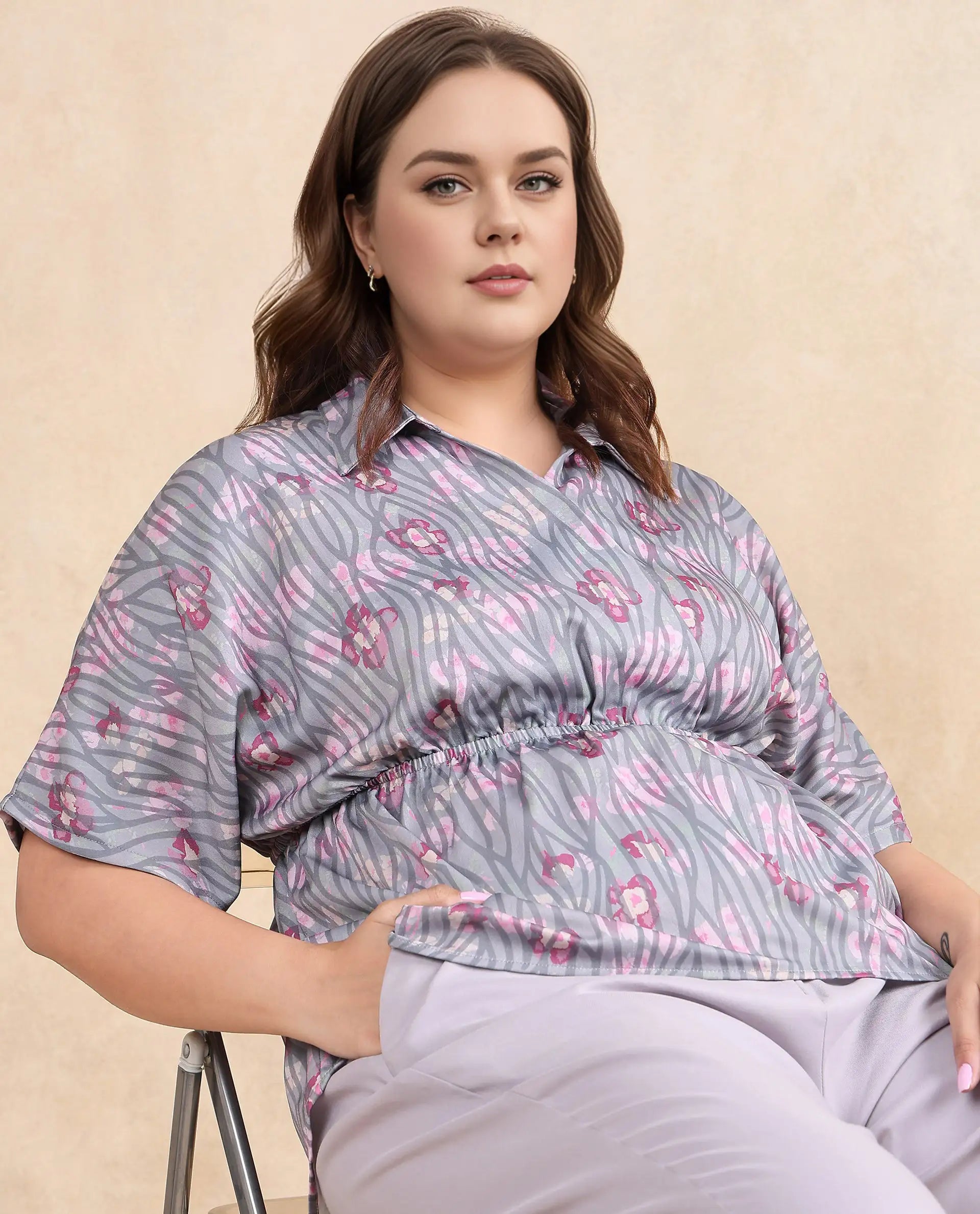 Rareism Women Copa Dusky Multi Satin Kimono Sleeve Jonny Collar Floral Print Top