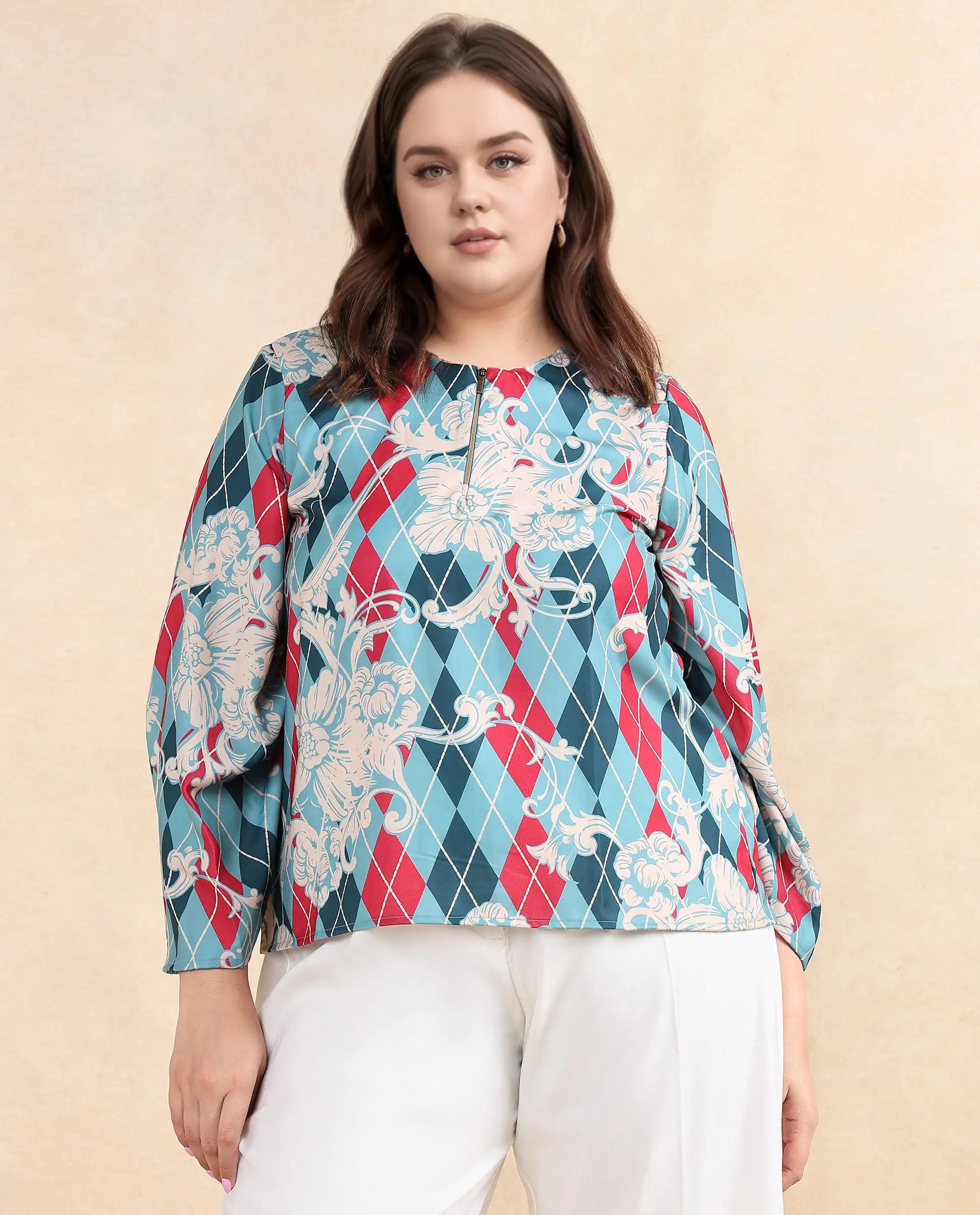 Rareism Women Jiko Multi Satin Volume Sleeve Round Neck Zipper Closure Geometric Print Top