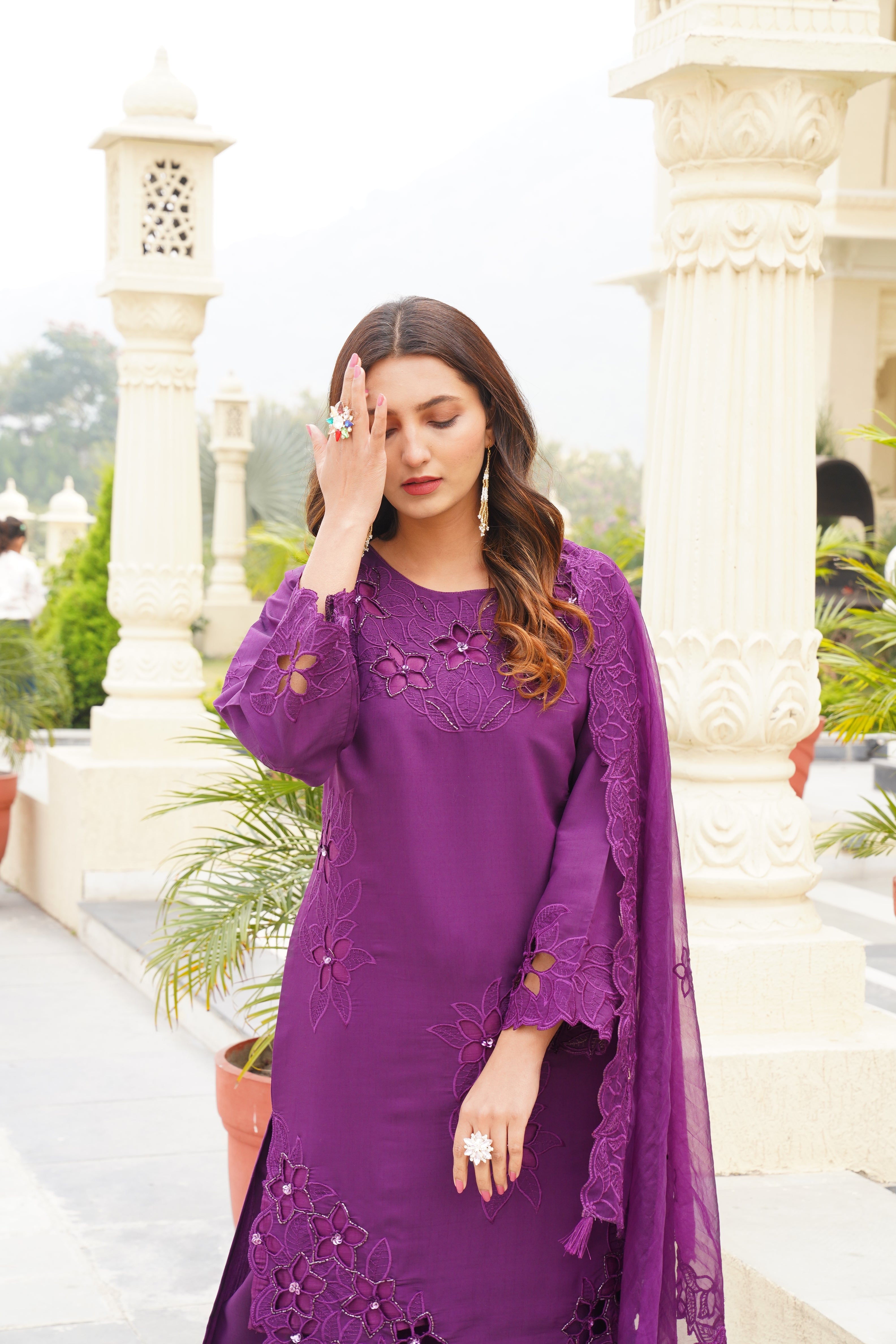 Purple Khatli Cut Work Ragga Roman Silk Suit Set with Organza Dupatta