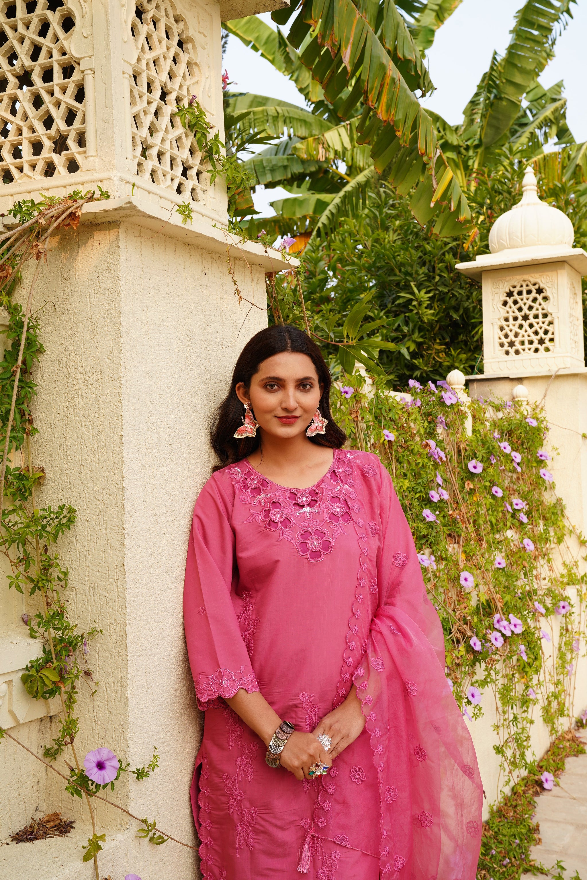 Thulian Pink Khatli Cut Work Ragga Roman Silk Suit Set with Organza Dupatta