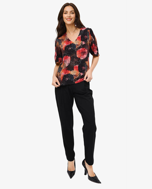 Rareism Women Labia Multi Bell Sleeves V-Neck Zipper Closure Cropped Floral Print Top