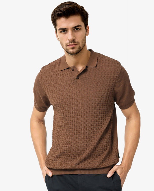 Rare Rabbit Men's Lincos Brown Cotton Fabric Collared Neck Half Sleeves Textured Polo T-Shirt