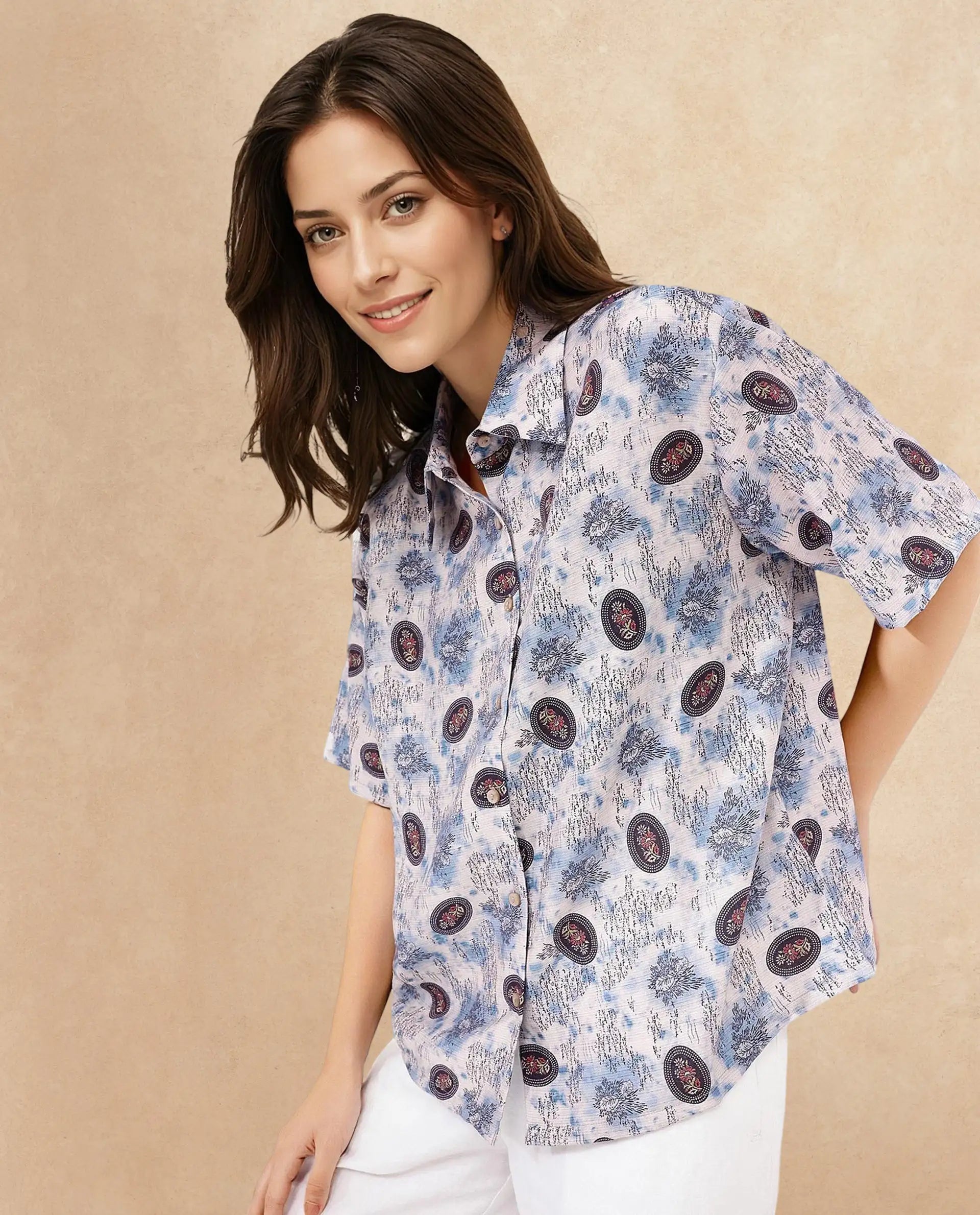 Rareism Women Orchard Off White Short Sleeve Collared Collar Button Boxy Fit Abstract Print Shirt