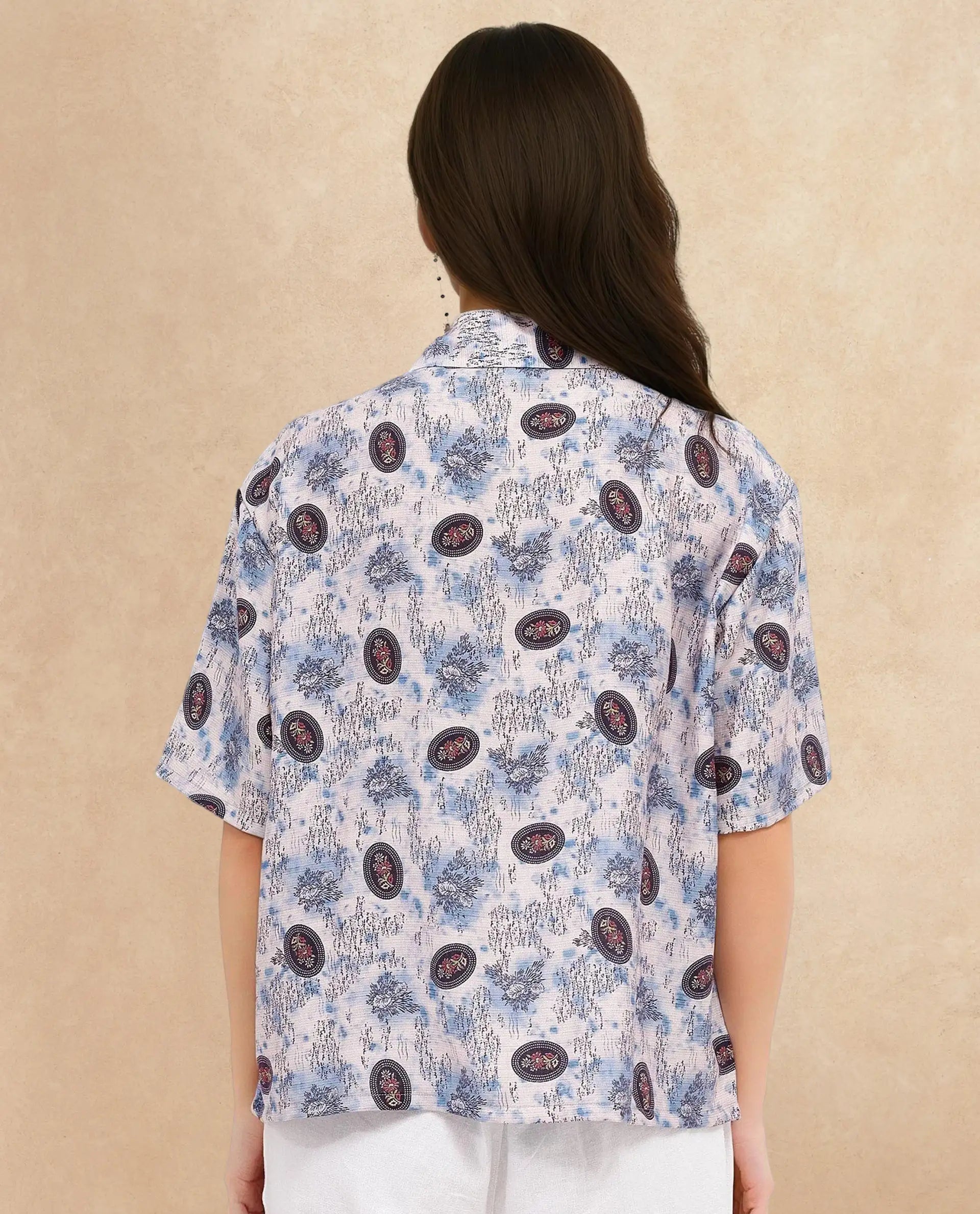 Rareism Women Orchard Off White Short Sleeve Collared Collar Button Boxy Fit Abstract Print Shirt