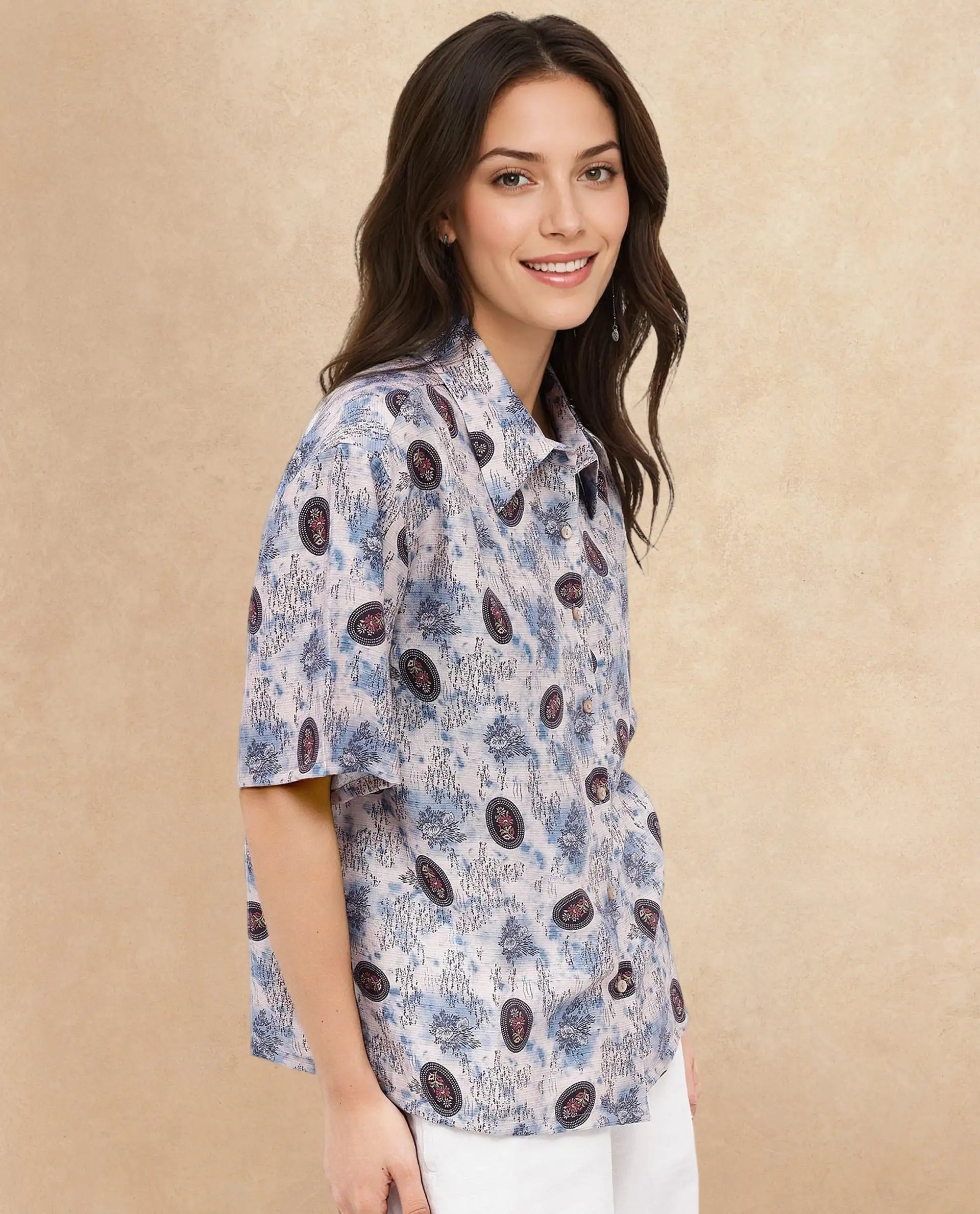 Rareism Women Orchard Off White Short Sleeve Collared Collar Button Boxy Fit Abstract Print Shirt