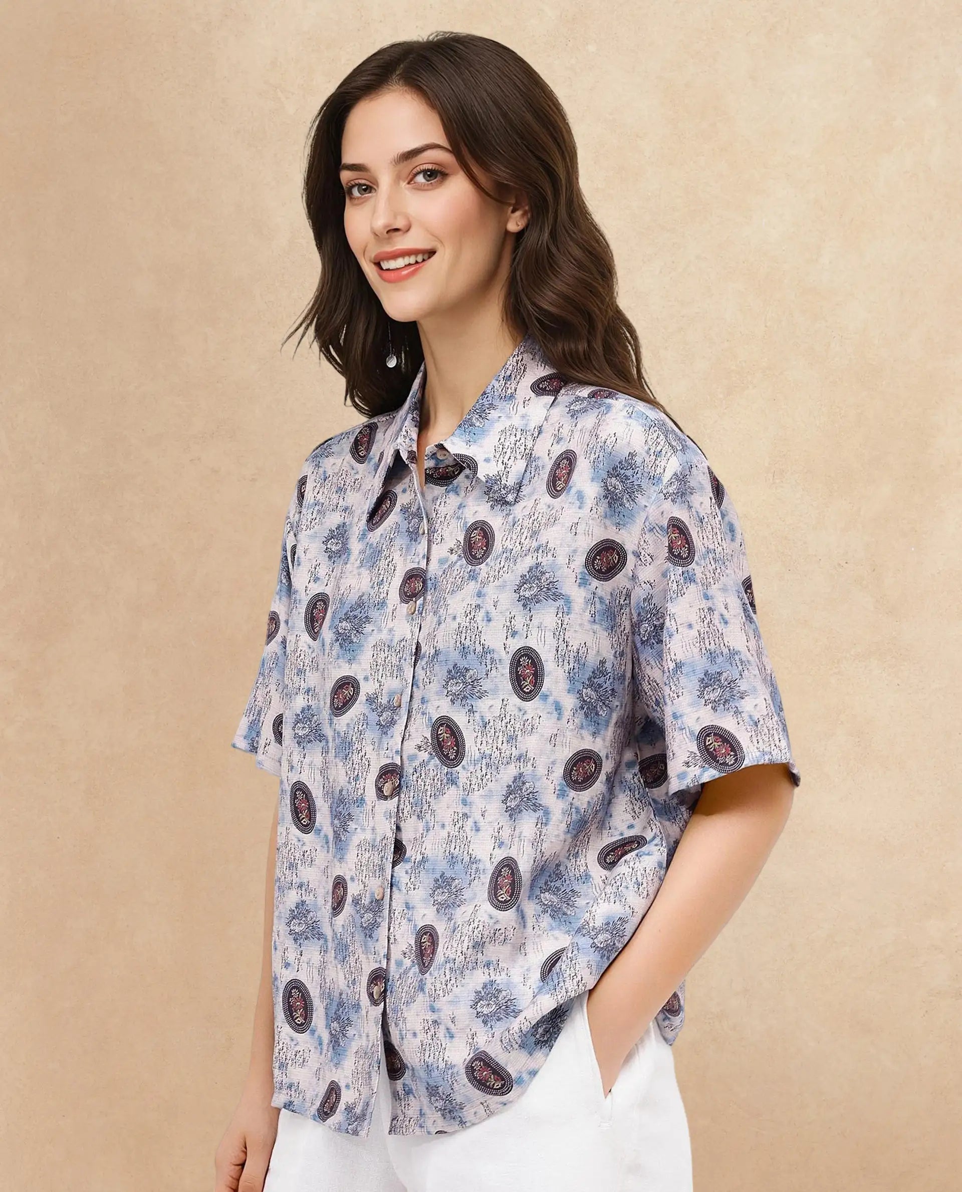 Rareism Women Orchard Off White Short Sleeve Collared Collar Button Boxy Fit Abstract Print Shirt