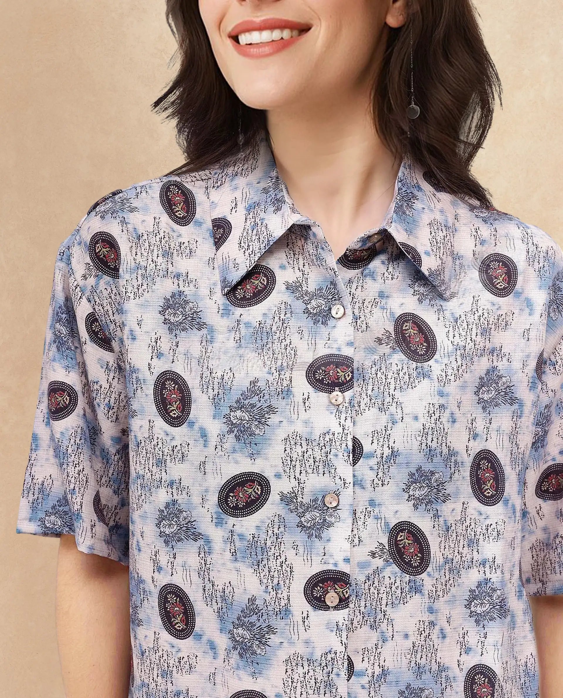 Rareism Women Orchard Off White Short Sleeve Collared Collar Button Boxy Fit Abstract Print Shirt