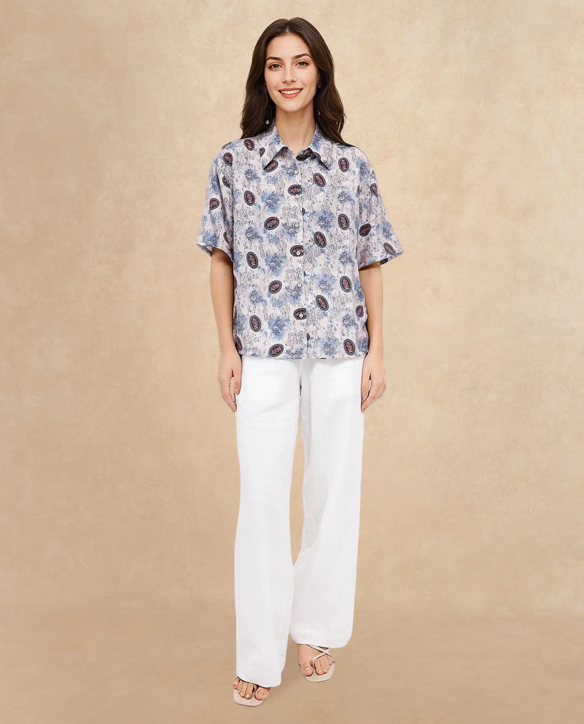 Rareism Women Orchard Off White Short Sleeve Collared Collar Button Boxy Fit Abstract Print Shirt