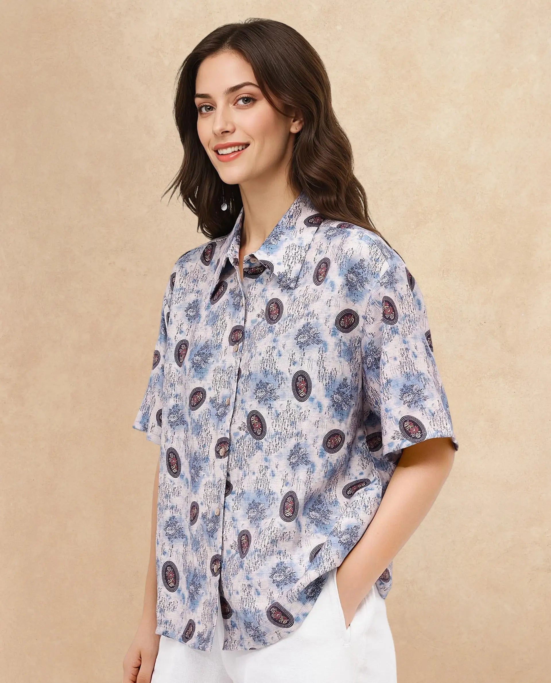 Rareism Women Orchard Off White Short Sleeve Collared Collar Button Boxy Fit Abstract Print Shirt