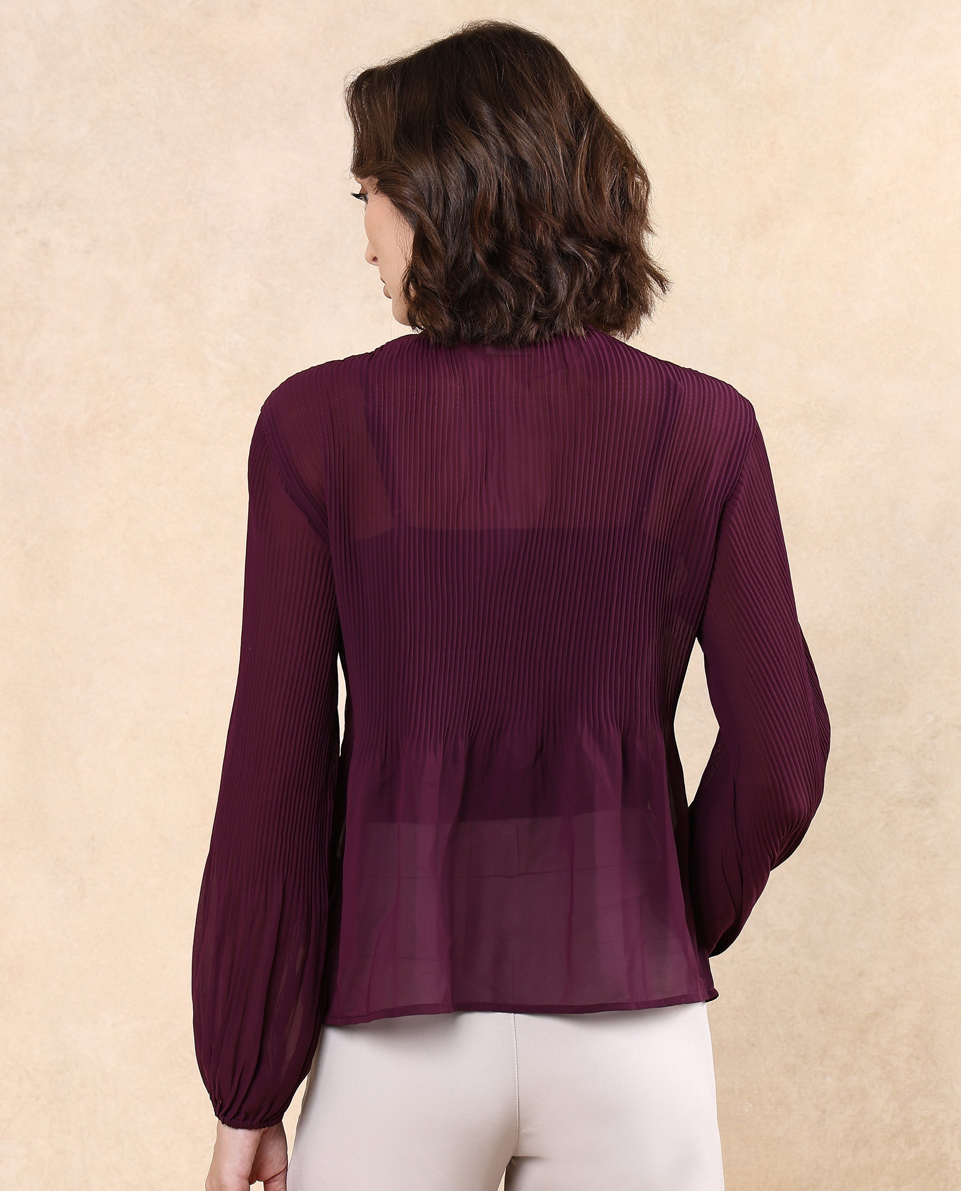 Rareism Women Ordu Purple Polyester Fabric Full Sleeve Mandarin Collar Plain Top