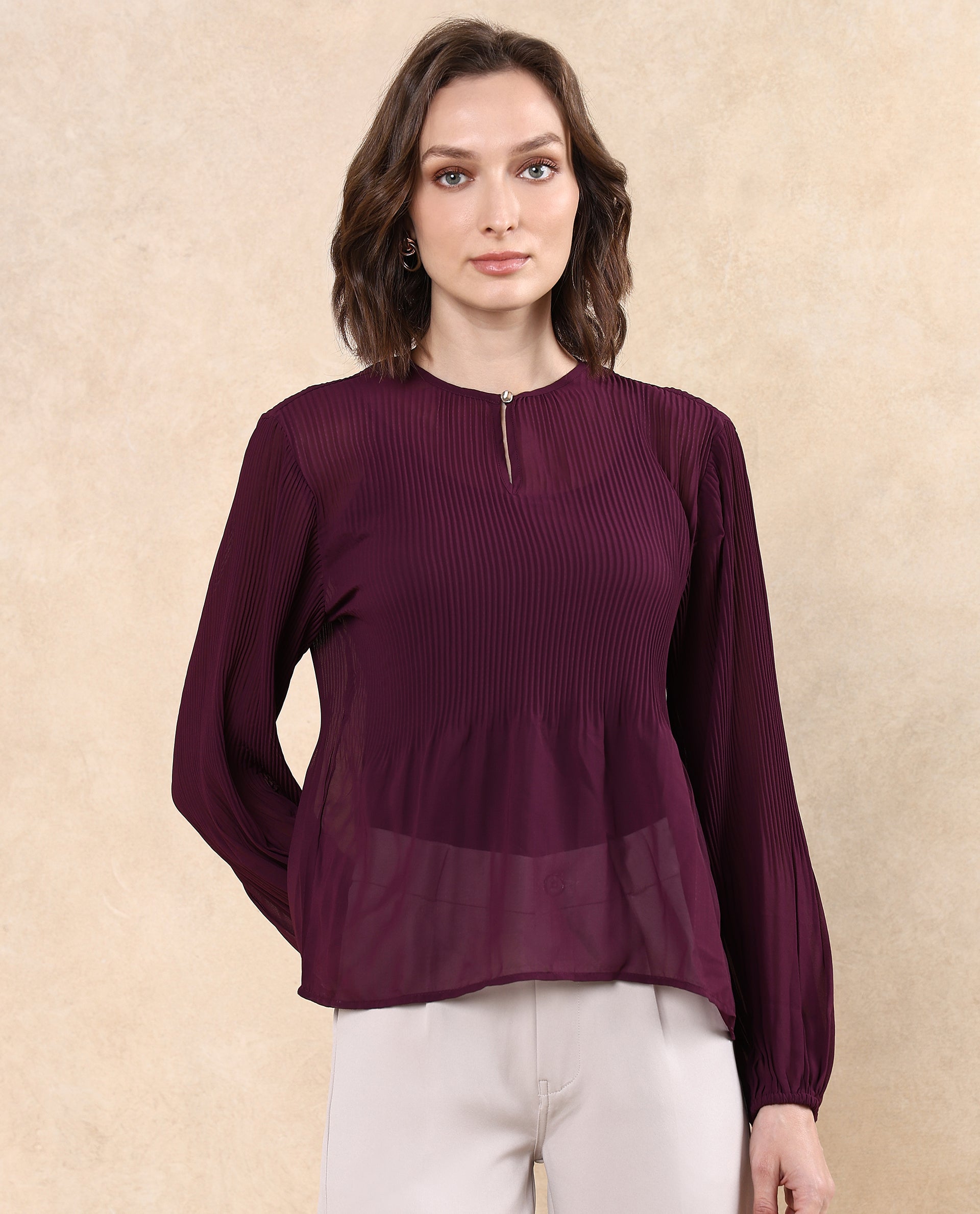 Rareism Women Ordu Purple Polyester Fabric Full Sleeve Mandarin Collar Plain Top