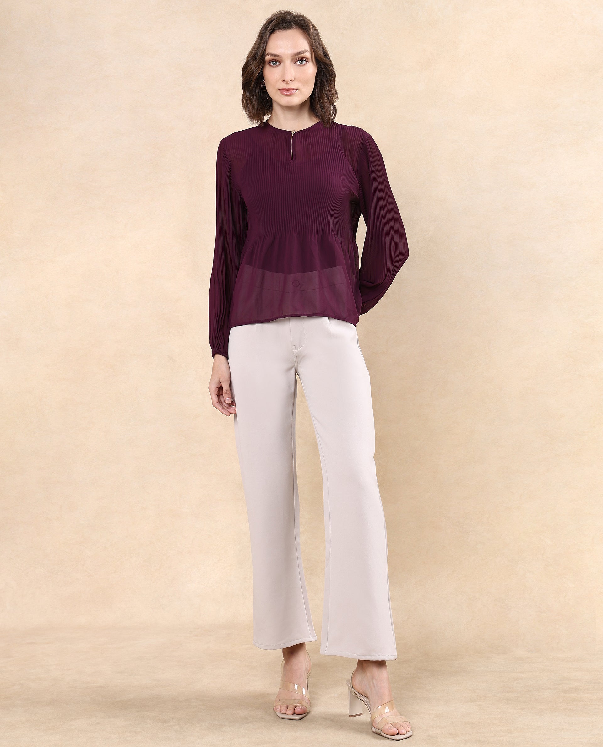 Rareism Women Ordu Purple Polyester Fabric Full Sleeve Mandarin Collar Plain Top