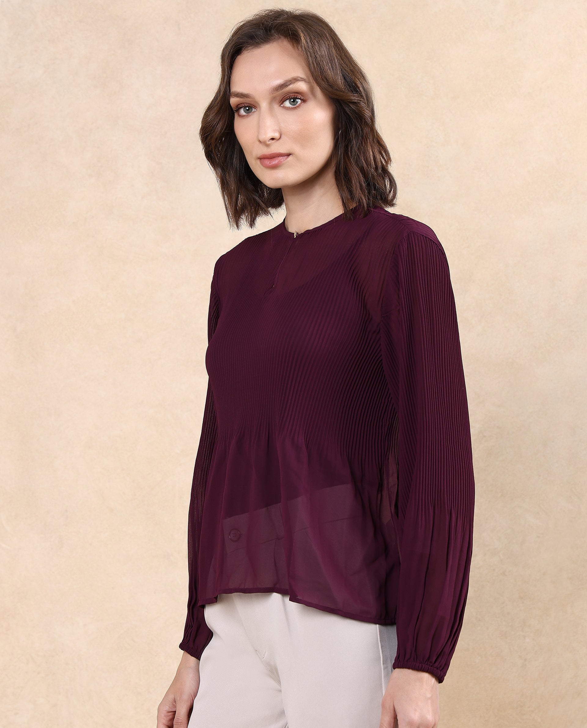 Rareism Women Ordu Purple Polyester Fabric Full Sleeve Mandarin Collar Plain Top