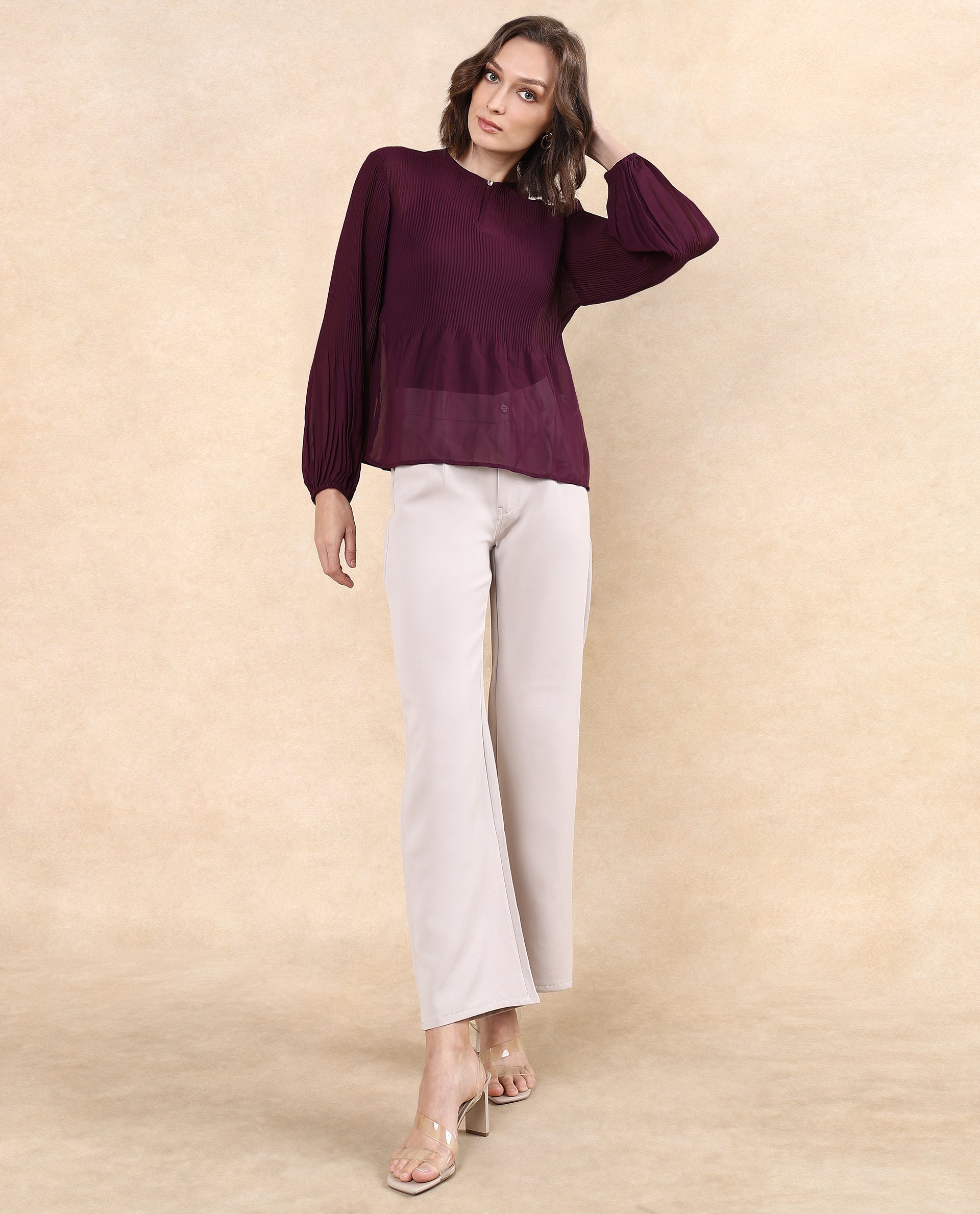 Rareism Women Ordu Purple Polyester Fabric Full Sleeve Mandarin Collar Plain Top