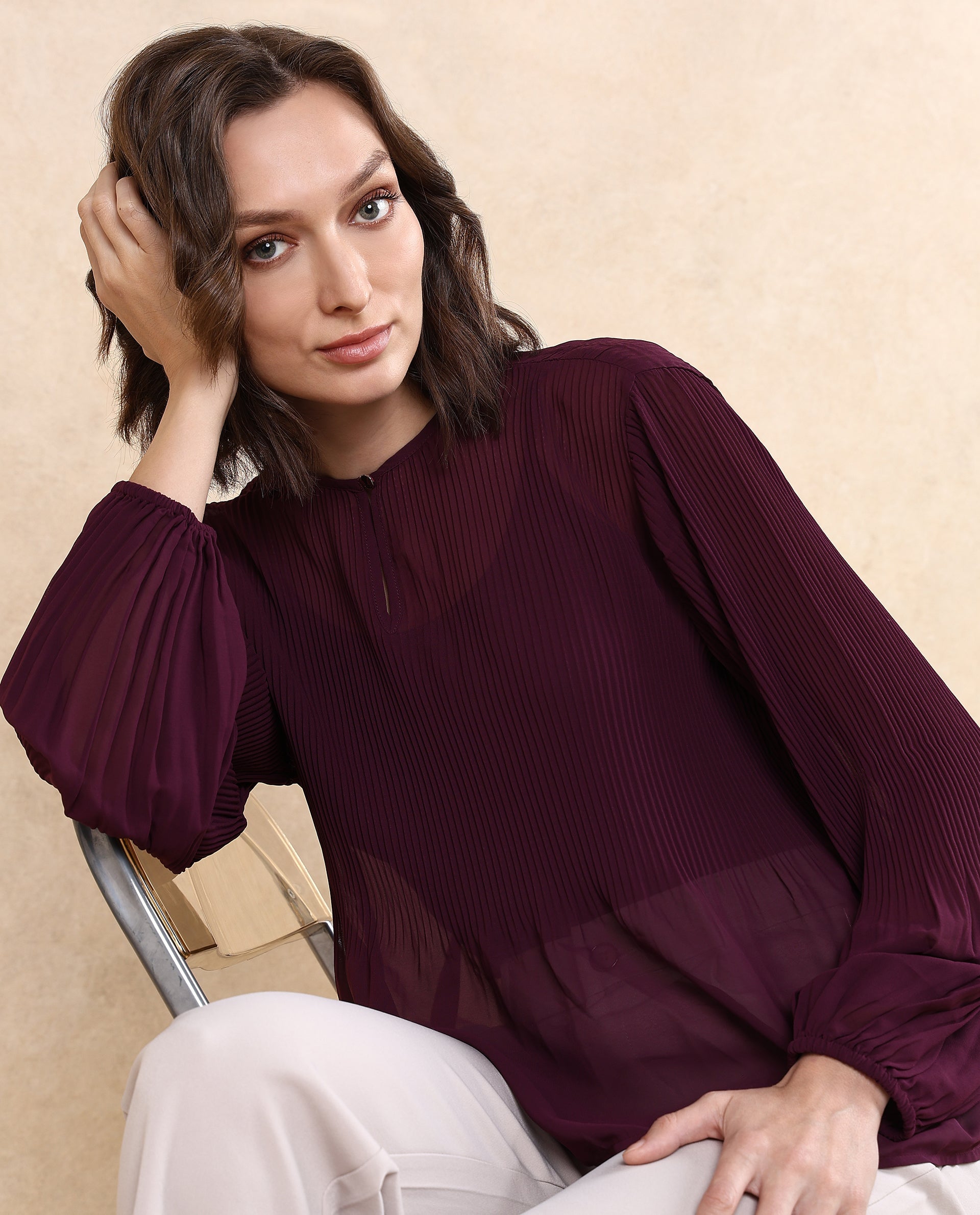 Rareism Women Ordu Purple Polyester Fabric Full Sleeve Mandarin Collar Plain Top