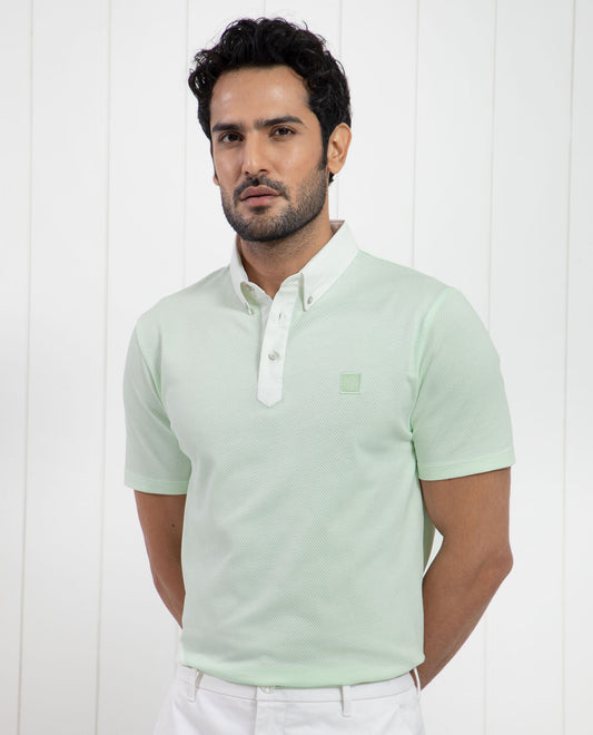 Rare Rabbit Men's Parmat Light Green Cotton Fabric Collared Neck Half Sleeves Woven Textured Popcorn Polo T-Shirt