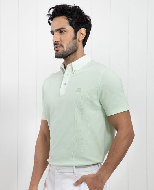 Rare Rabbit Men's Parmat Light Green Cotton Fabric Collared Neck Half Sleeves Woven Textured Popcorn Polo T-Shirt