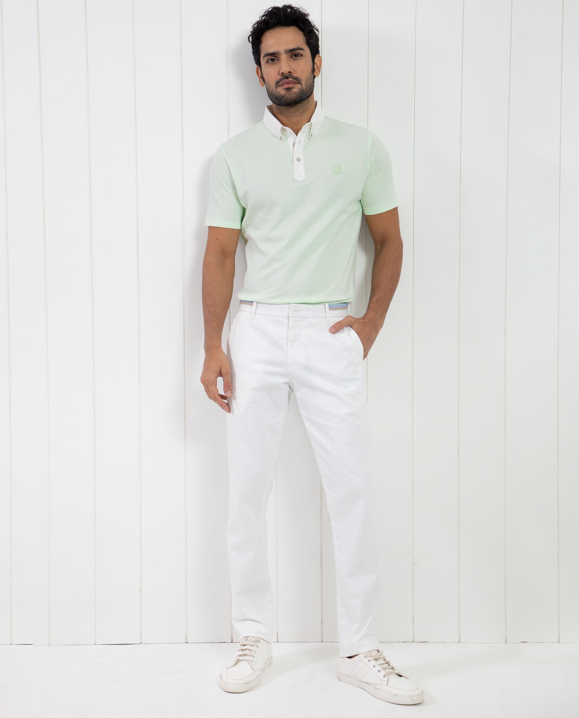 Rare Rabbit Men's Parmat Light Green Cotton Fabric Collared Neck Half Sleeves Woven Textured Popcorn Polo T-Shirt
