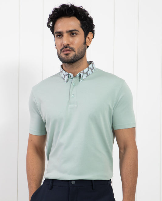 Rare Rabbit Men's Ringer-1 Light Green Cotton Fabric Printed Collar Half Sleeves Polo T-Shirt