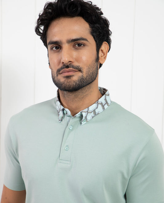 Rare Rabbit Men's Ringer-1 Light Green Cotton Fabric Printed Collar Half Sleeves Polo T-Shirt