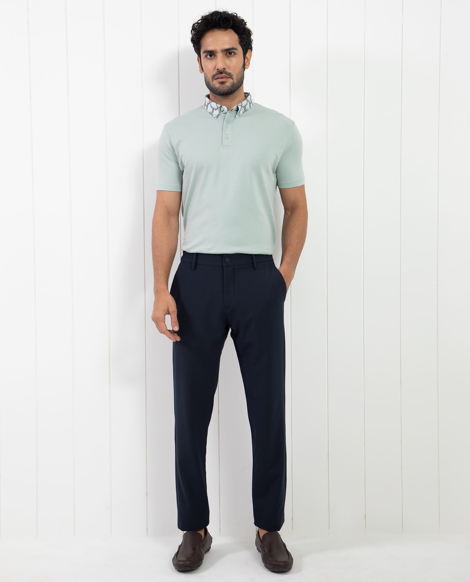 Rare Rabbit Men's Ringer-1 Light Green Cotton Fabric Printed Collar Half Sleeves Polo T-Shirt
