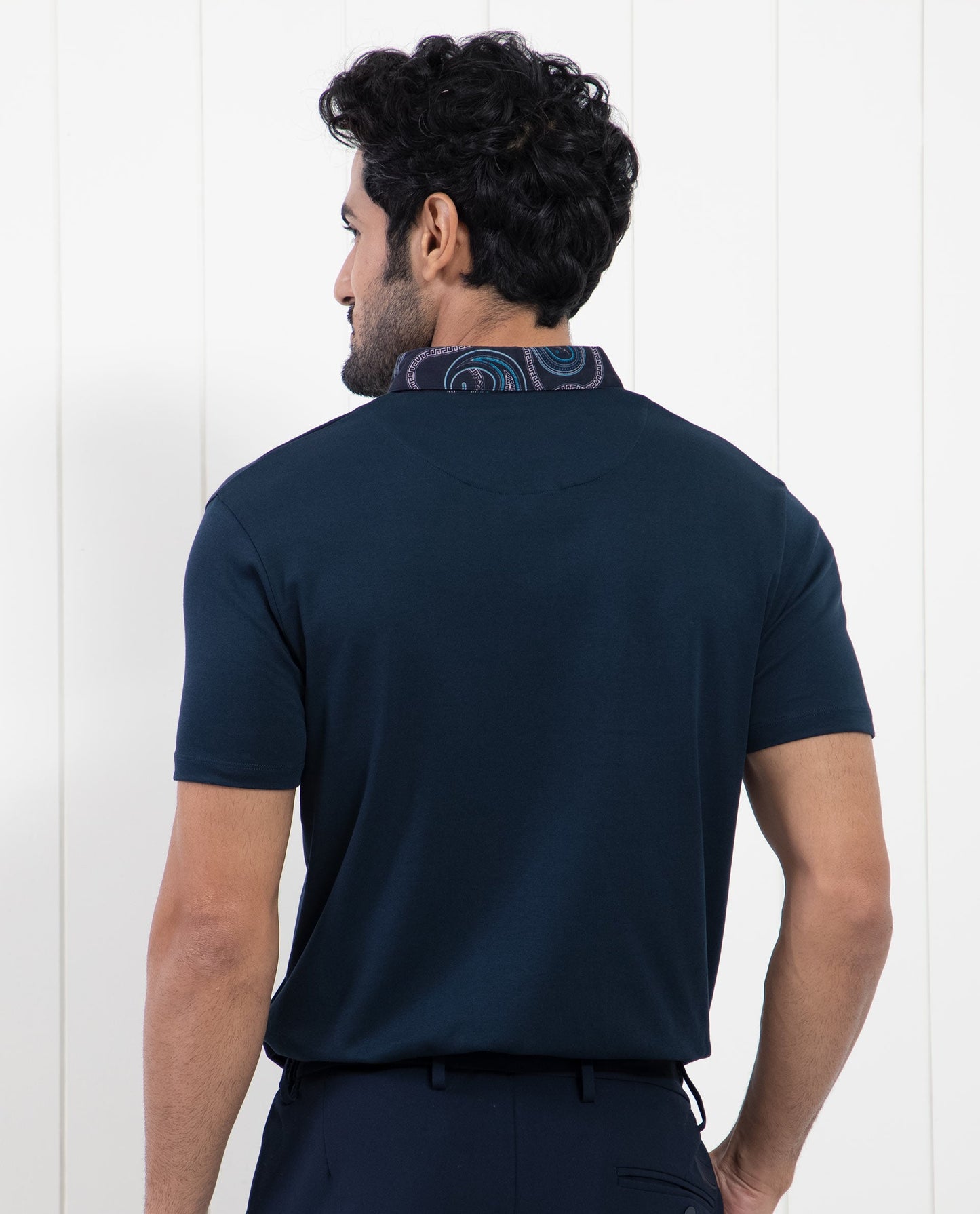 Rare Rabbit Men's Ringer-1 Navy Cotton Fabric Printed Collar Neck Half Sleeves Polo T-Shirt