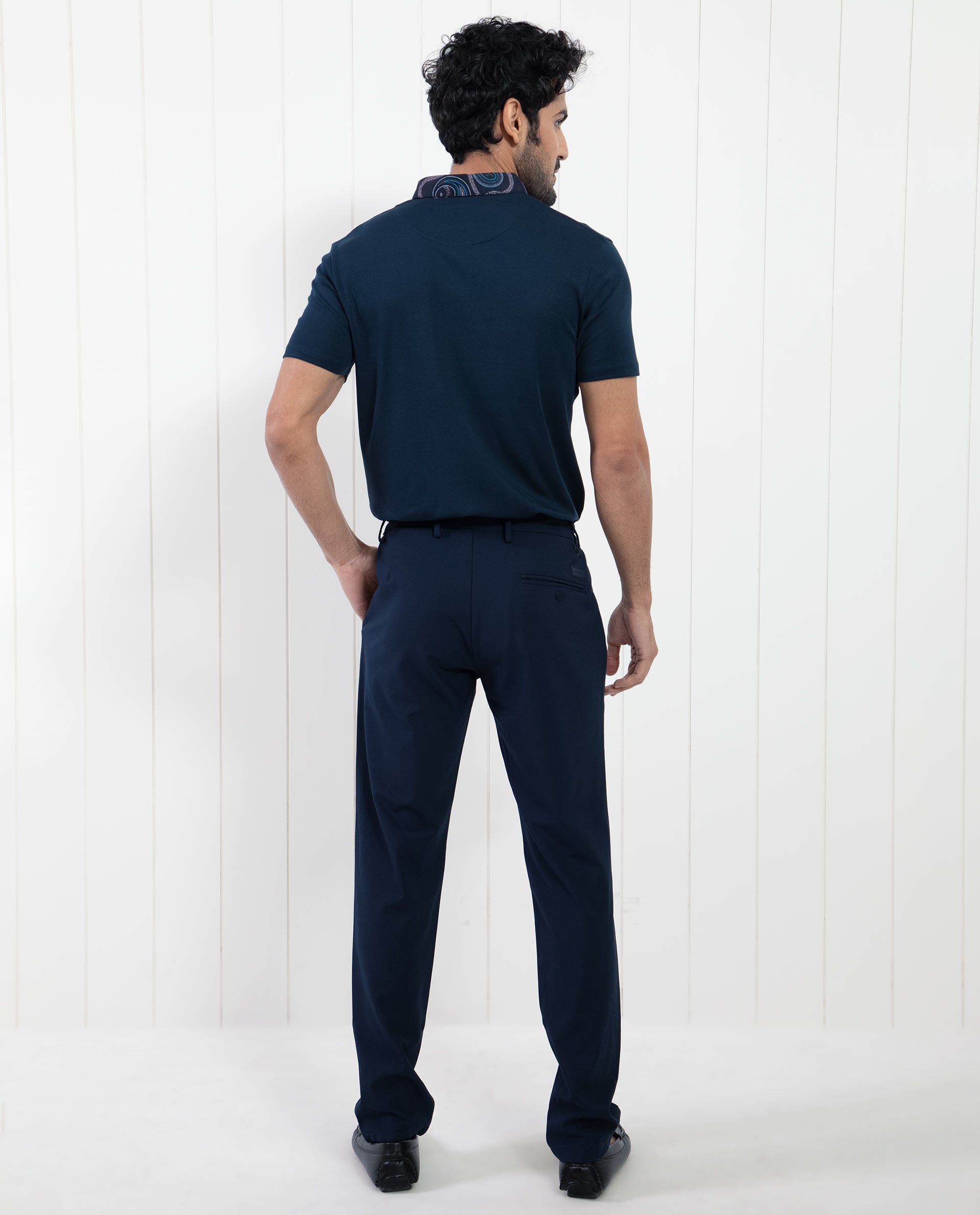 Rare Rabbit Men's Ringer-1 Navy Cotton Fabric Printed Collar Neck Half Sleeves Polo T-Shirt