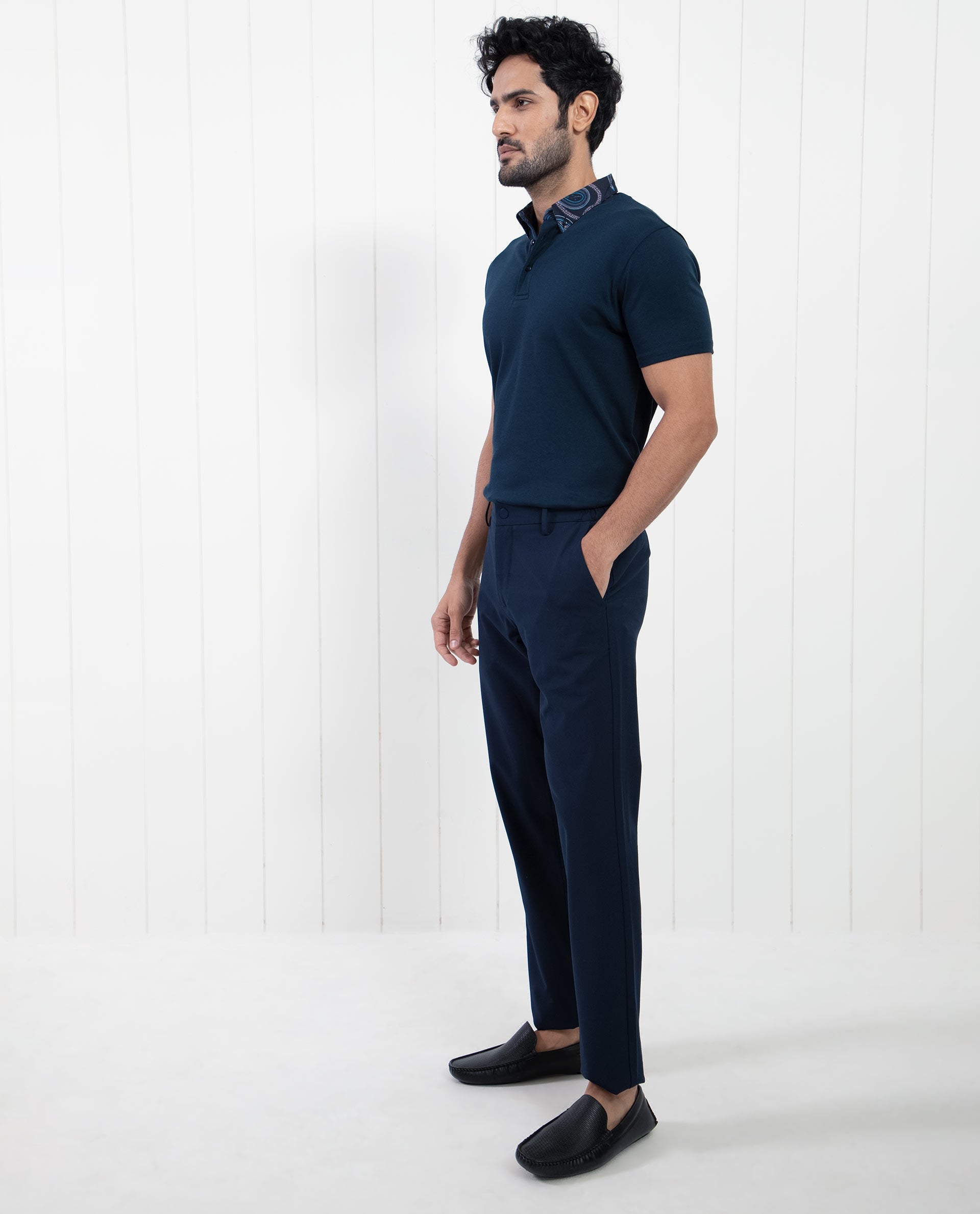 Rare Rabbit Men's Ringer-1 Navy Cotton Fabric Printed Collar Neck Half Sleeves Polo T-Shirt