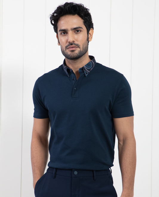 Rare Rabbit Men's Ringer-1 Navy Cotton Fabric Printed Collar Neck Half Sleeves Polo T-Shirt