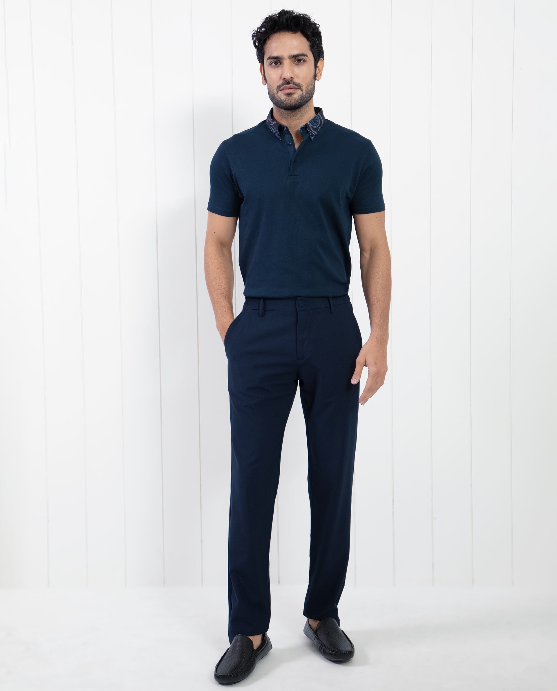 Rare Rabbit Men's Ringer-1 Navy Cotton Fabric Printed Collar Neck Half Sleeves Polo T-Shirt