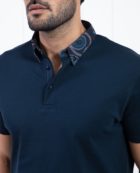 Rare Rabbit Men's Ringer-1 Navy Cotton Fabric Printed Collar Neck Half Sleeves Polo T-Shirt