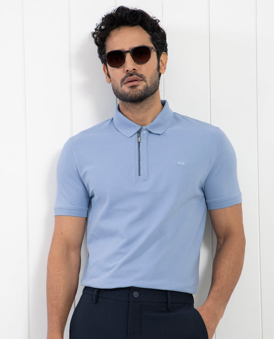 Rare Rabbit Men's Saliso Light Purple Cotton Fabric Collared Neck Zipper and Snap Button Closure Half Sleeve Polo T-Shirt