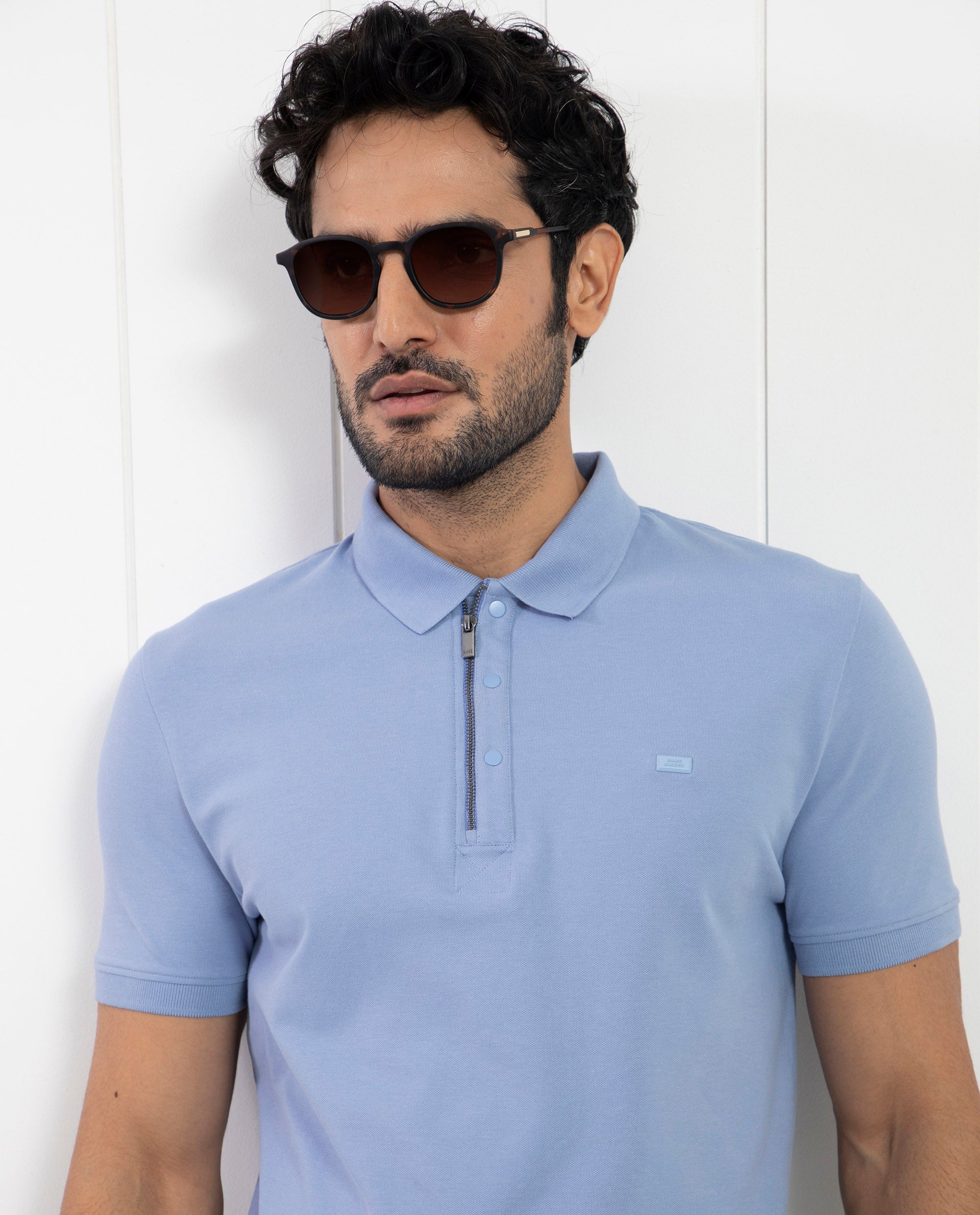 Rare Rabbit Men's Saliso Light Purple Cotton Fabric Collared Neck Zipper and Snap Button Closure Half Sleeve Polo T-Shirt